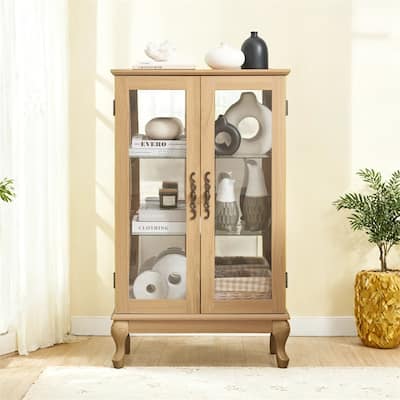 Elegant Light Oak Curio Cabinet with Tempered Glass Doors,LED Light