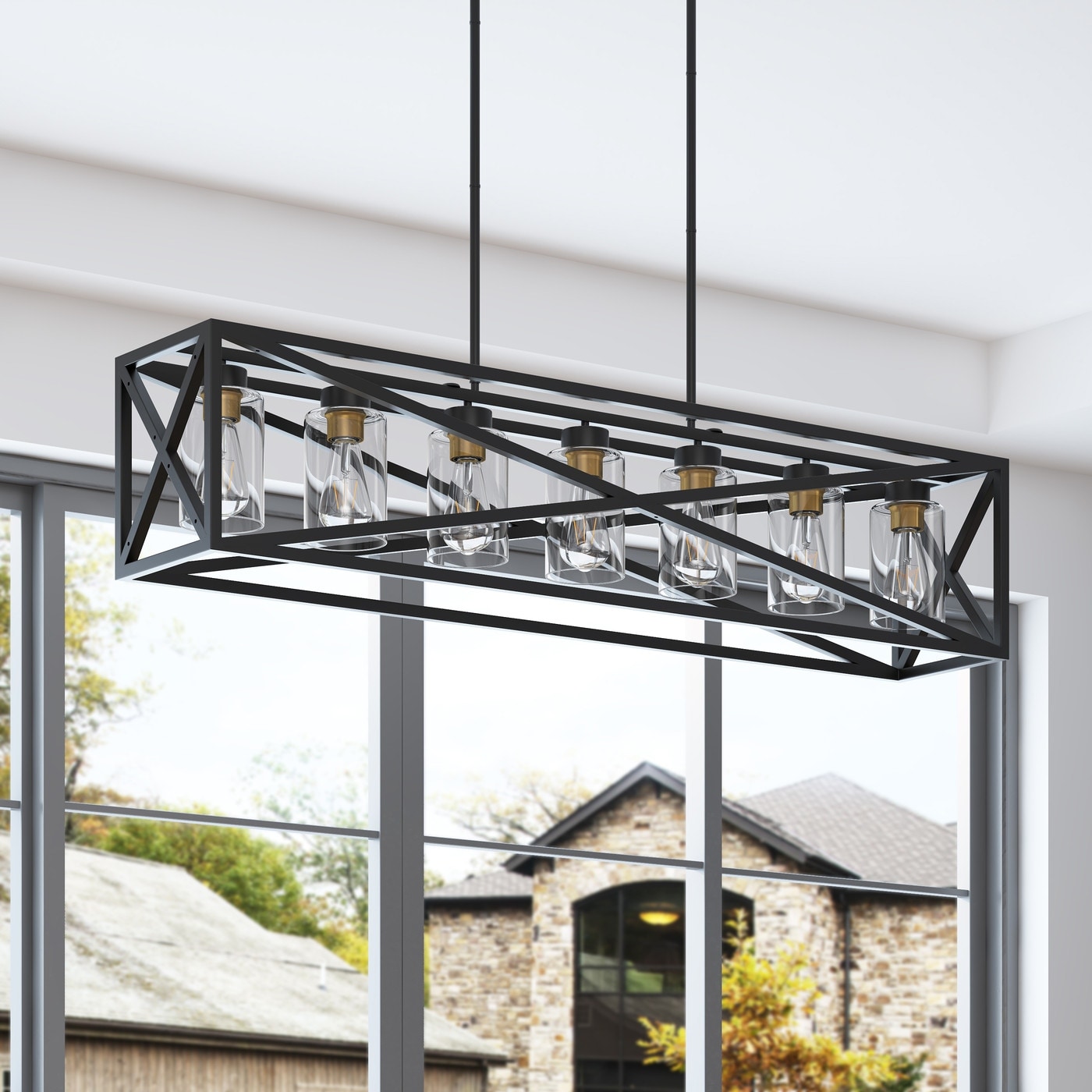 Industrial Black 7-Light Durable Rectangular Iron Frame Kitchen Island Chandelier
