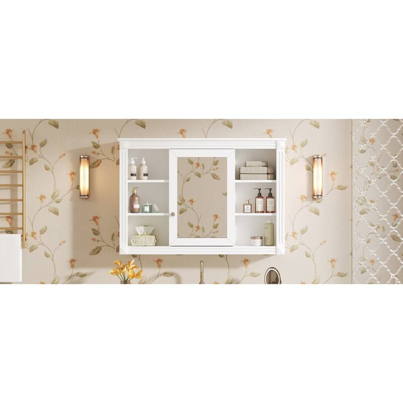 Roomfitters 42 Inch Wall Mounted Medicine Cabinet, Mirror Storage with 6 Open Shelves & Adjustable Interior Shelf, White