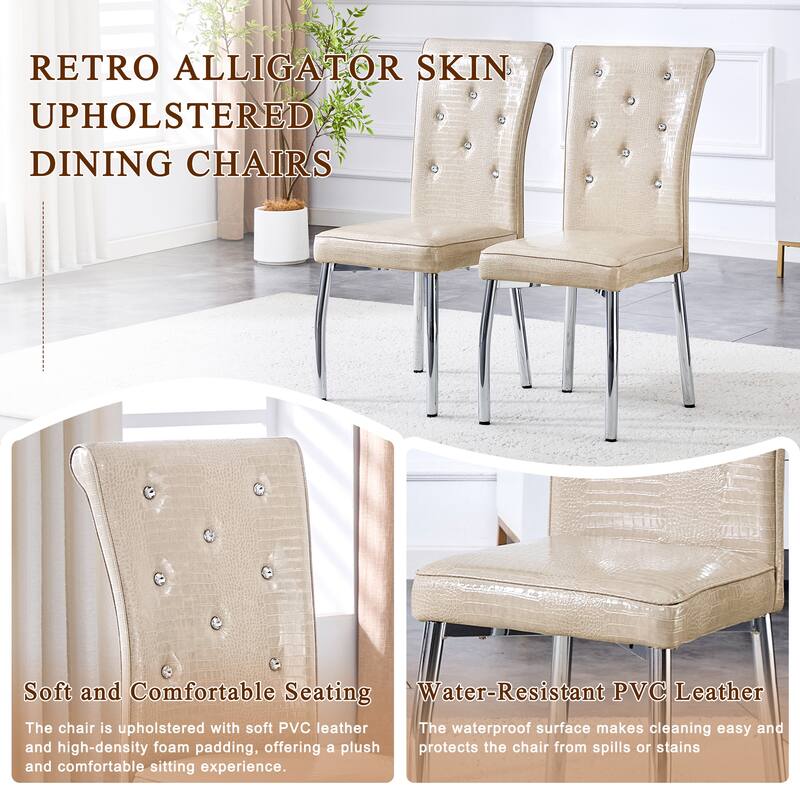 A set of 4 white and black vintage crocodile leather cushioned dining chairs, featuring crystal clasp design and leather