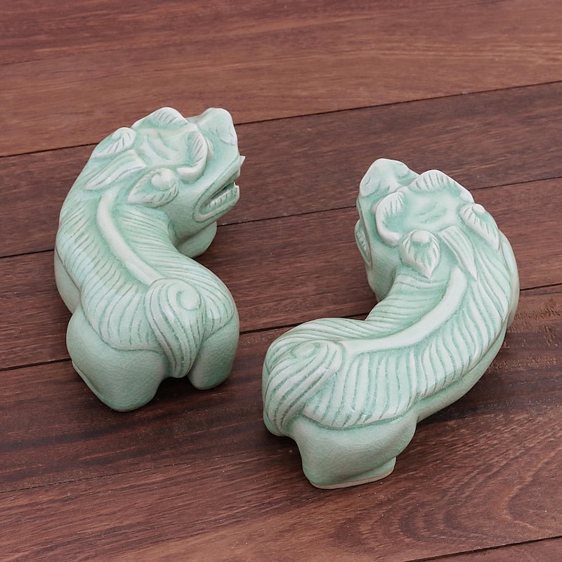 Novica Handmade Pi Xiu Celadon Ceramic Sculptures (Pair)