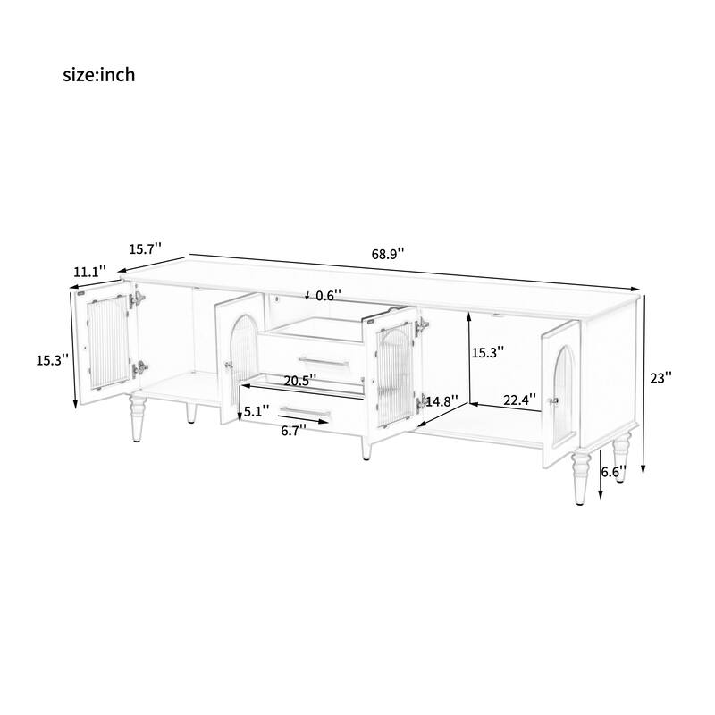 68.9'' Retro TV Stand for 75 Inch TVs, Media Console with Fluted Glass Doors, 2 Drawers & Solid Wood Legs for Living Room