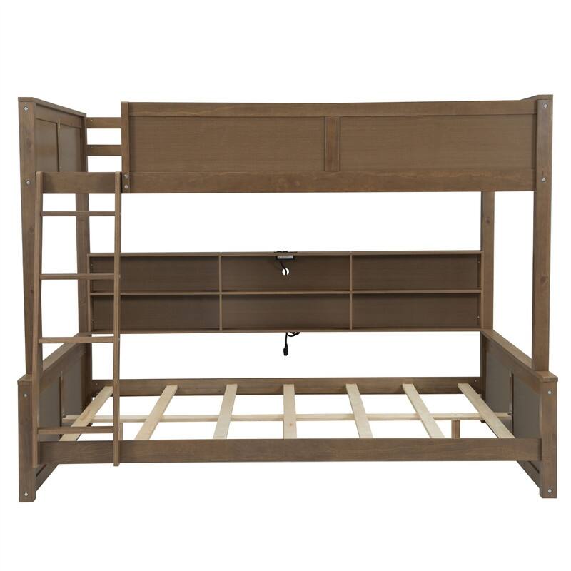 Twin XL over Queen/Full XL over Queen Bunk Bed with Storage Cabinets and USB Ports, Solid Wood Bunk Bedframe w/ Storage Shelves