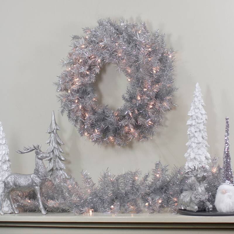 36" Pre-Lit Silver Tinsel Artificial Christmas Wreath Clear Lights
