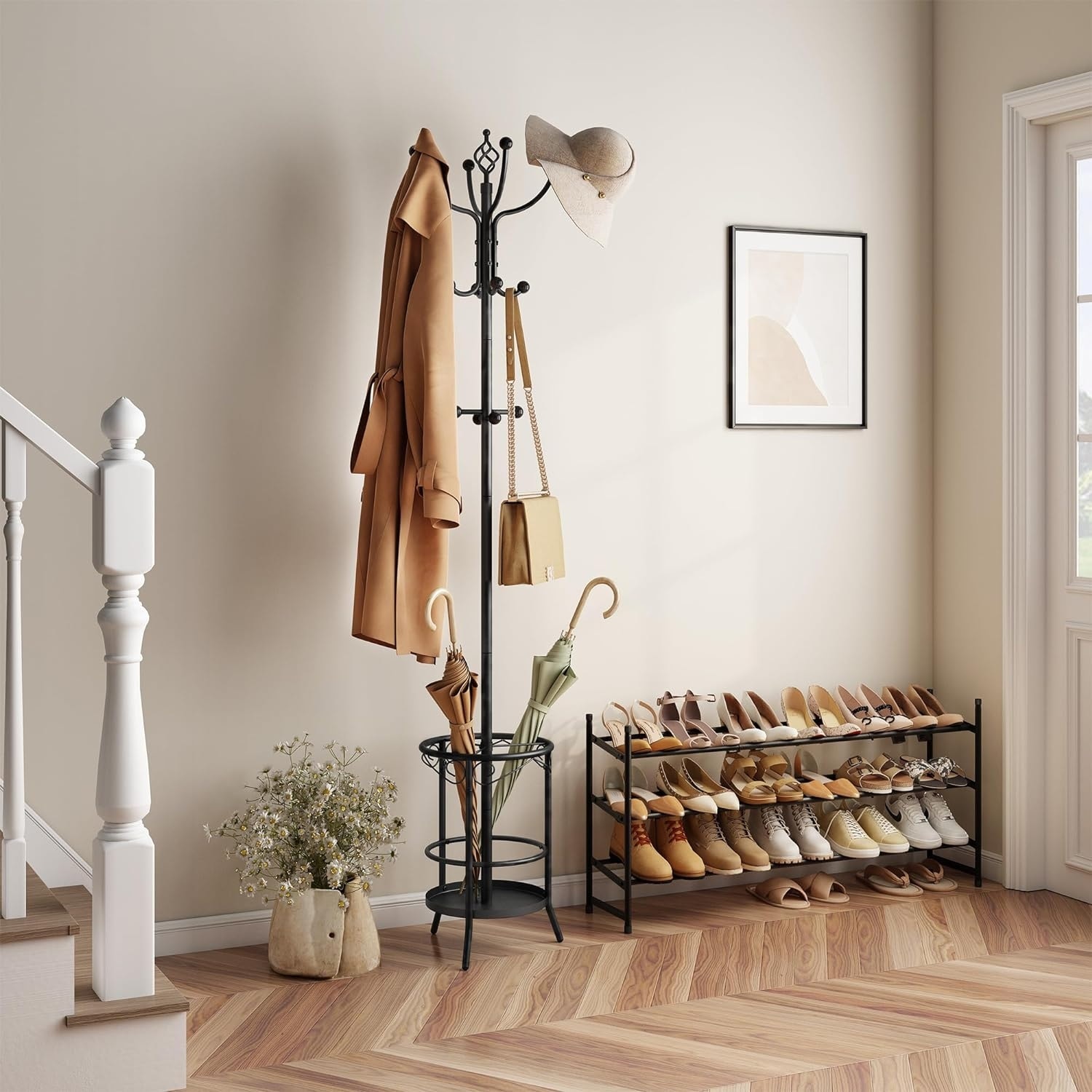 Freestanding Coat Rack with Umbrella Holder with 12 Hooks On