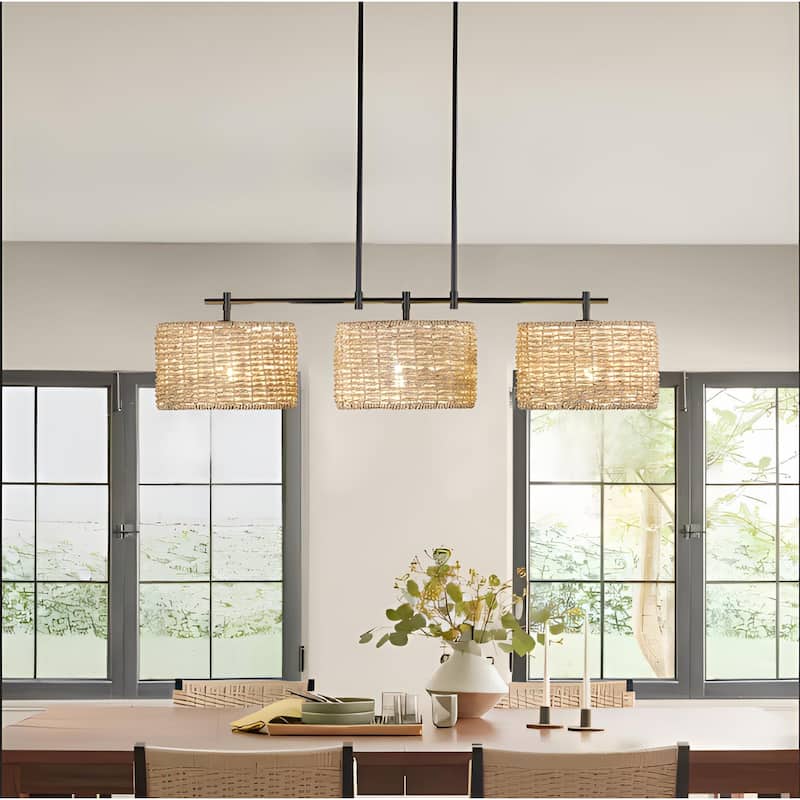 3-Light 38" Wide Modern Farmhouse Black Finish Drum Chandelier With Rattan Woven Shade - Black/Brown