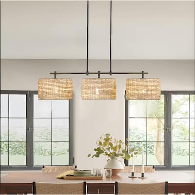 3-Light 38" Wide Modern Farmhouse Black Finish Drum Chandelier With Rattan Woven Shade
