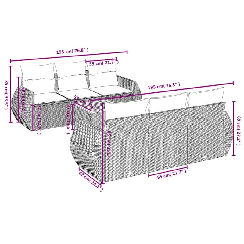 vidaXL Patio Sofa Set with Cushions Outdoor Furniture 7 Piece Poly Rattan - 24.4 x 27.6 x 27.2