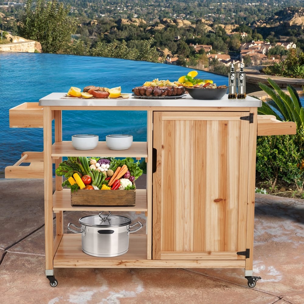 EROMMY Outdoor Kitchen Island on Wheels, Solid Cedar Wood Grill Cart with 201 Stainless Steel Top & 3‑Tier Storage - Wood Color