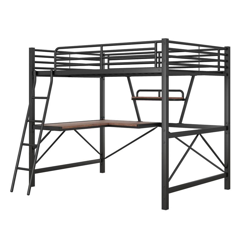 Full Size Loft Bed with Desk and Shelf, Black