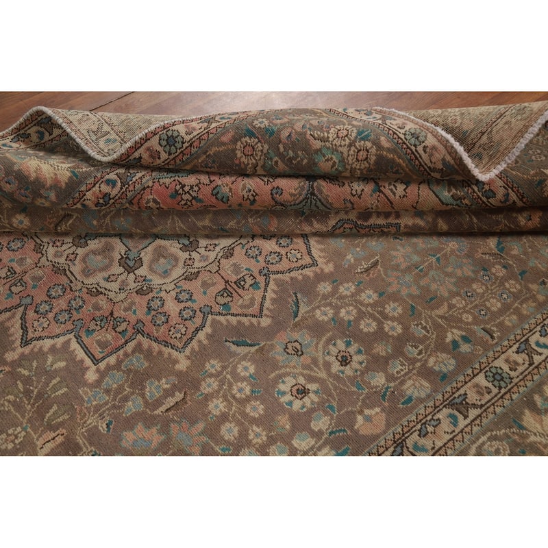 Brown Medallion Tabriz Persian Vintage Rug Hand-Knotted Wool Carpet - 8'2"x 11'5"