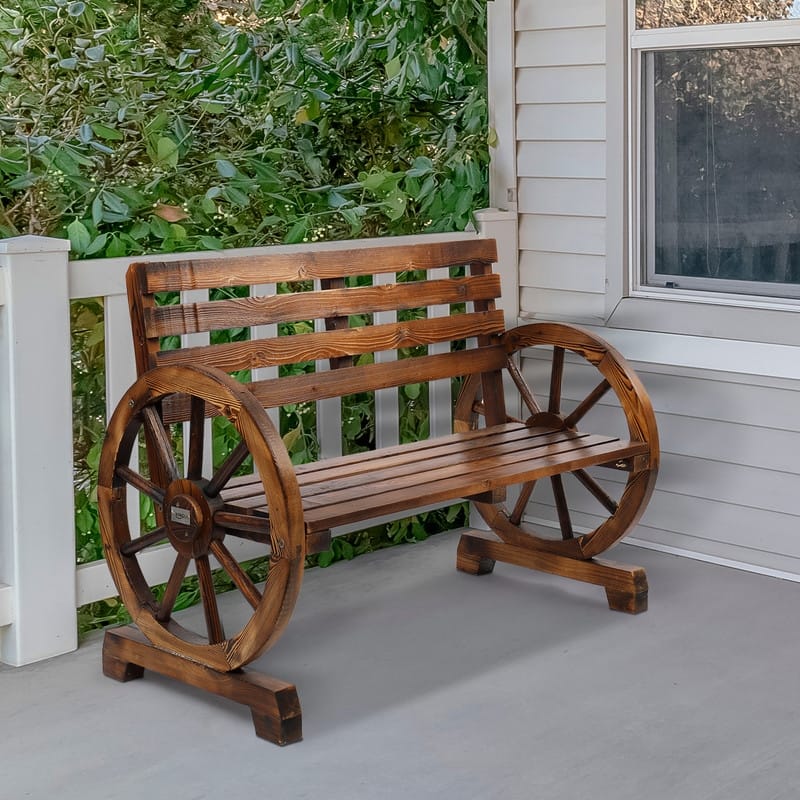 2-Person Wooden Wagon Wheel Bench with Slatted Seat and Backrest