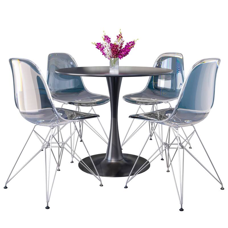 5-Piece Dining Set with 35" Round MDF Table and 4 ABS Plastic Side Chair in Chrome - Clear