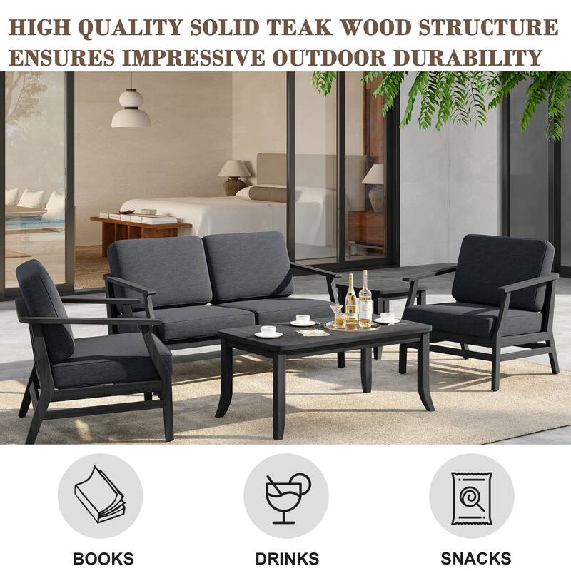 5-Piece Outdoor Teak Wood Patio Conversation Set with Cushions