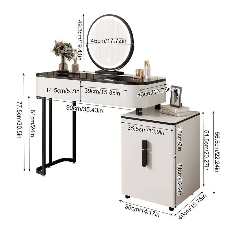 Modern Vanity Table with Tempered Glass Top, Adjustable Height Legs, Multi-functional Storage Cabinet and Round Mirror