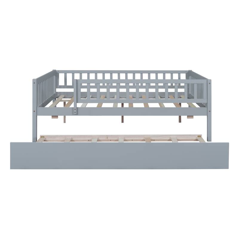 Full Size Wood Daybed with Trundle and Fence Guardrails, Space-Saving Design