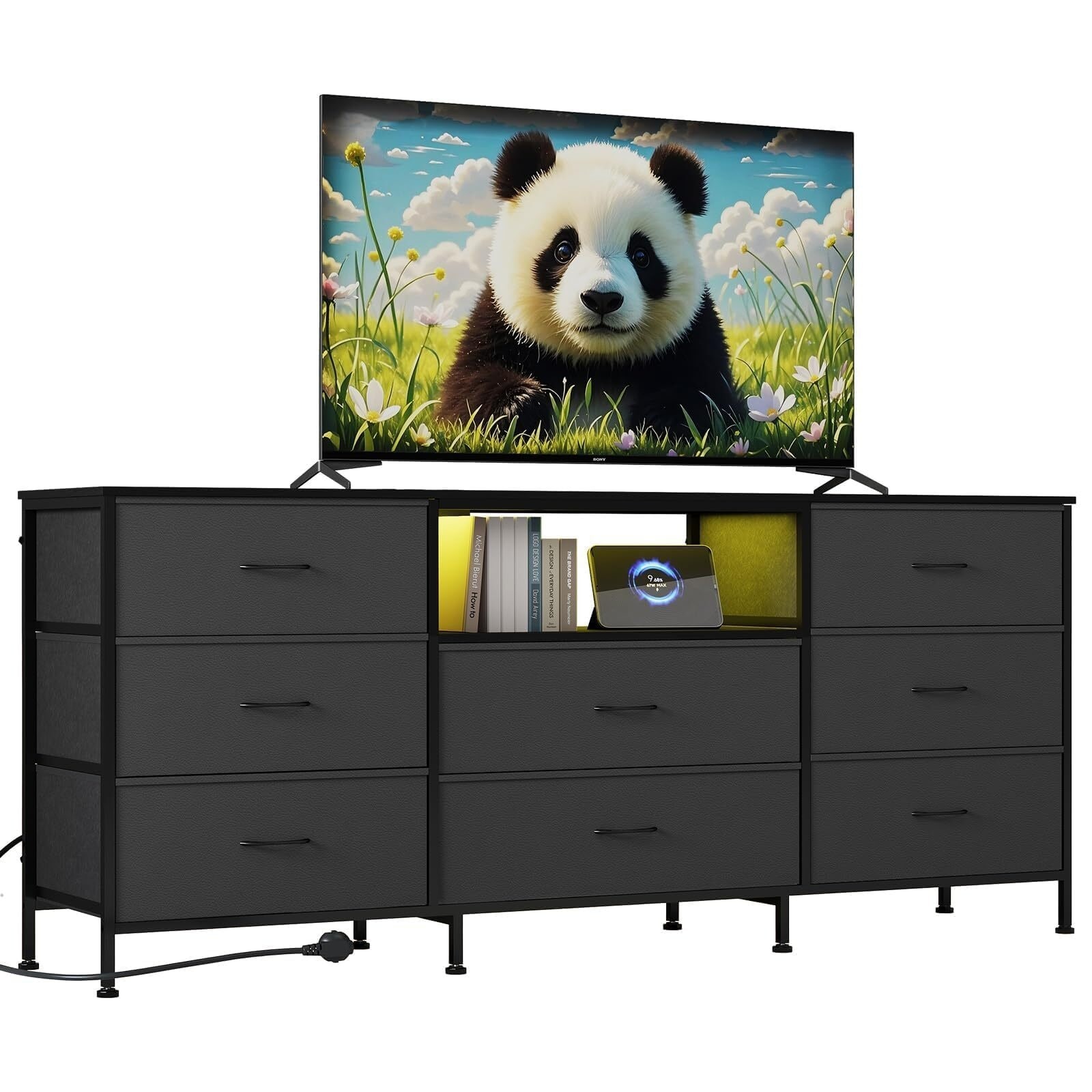 63" LED TV Stand Dresser, LED Lighting, with 8 Fabric Drawers, Entertainment Center & Chests of Drawers with Storage