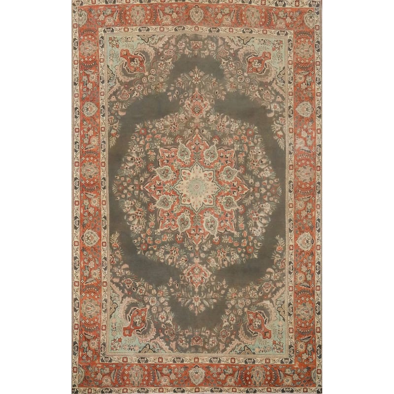 Hand Knotted Oriental 100% Wool Carpet Traditional Floral Greys & Charcoal Tabriz Area Rug - 10' 1'' X 7' 3''