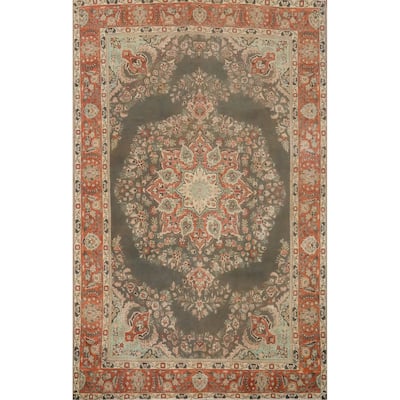 Hand Knotted Oriental 100% Wool Carpet Traditional Floral Greys & Charcoal Tabriz Area Rug - 10' 1'' X 7' 3''