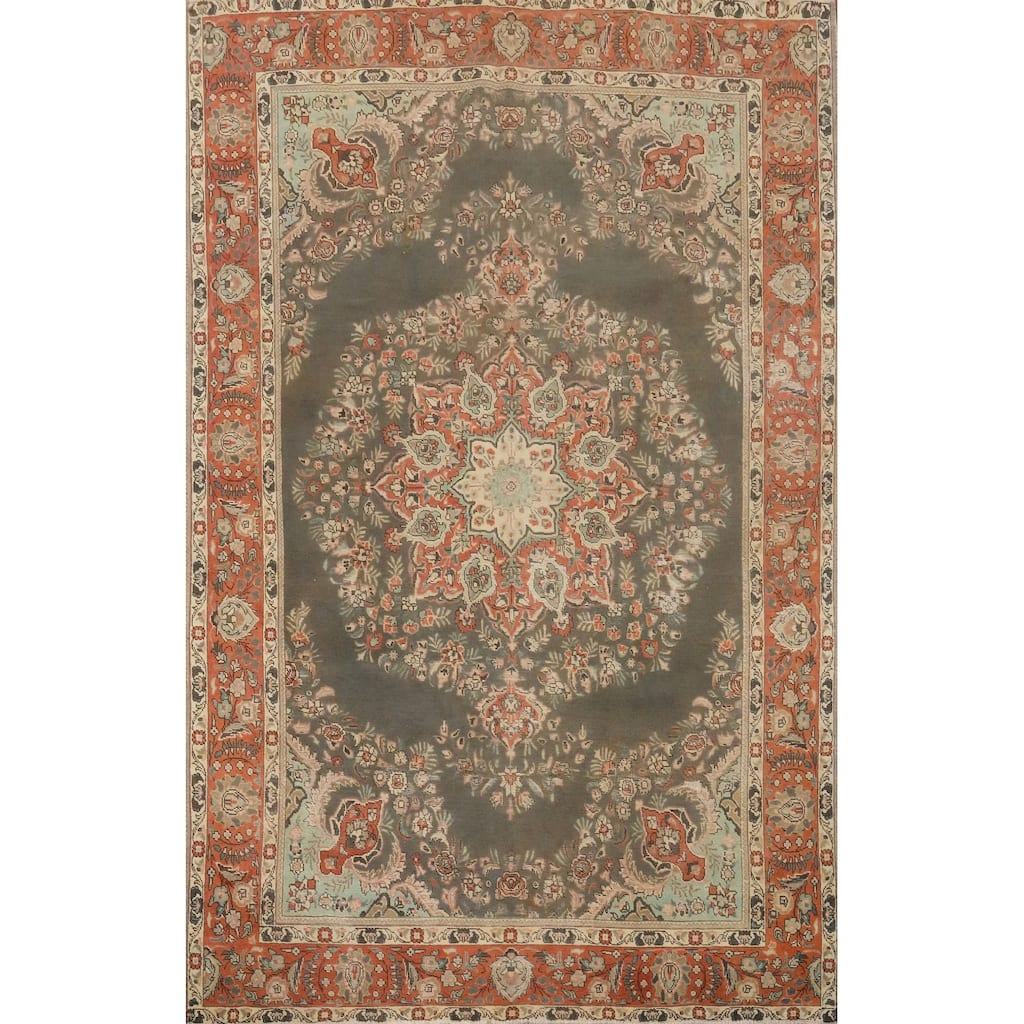 Hand Knotted Oriental 100% Wool Carpet Traditional Floral Greys & Charcoal Tabriz Area Rug - 10' 1'' X 7' 3''