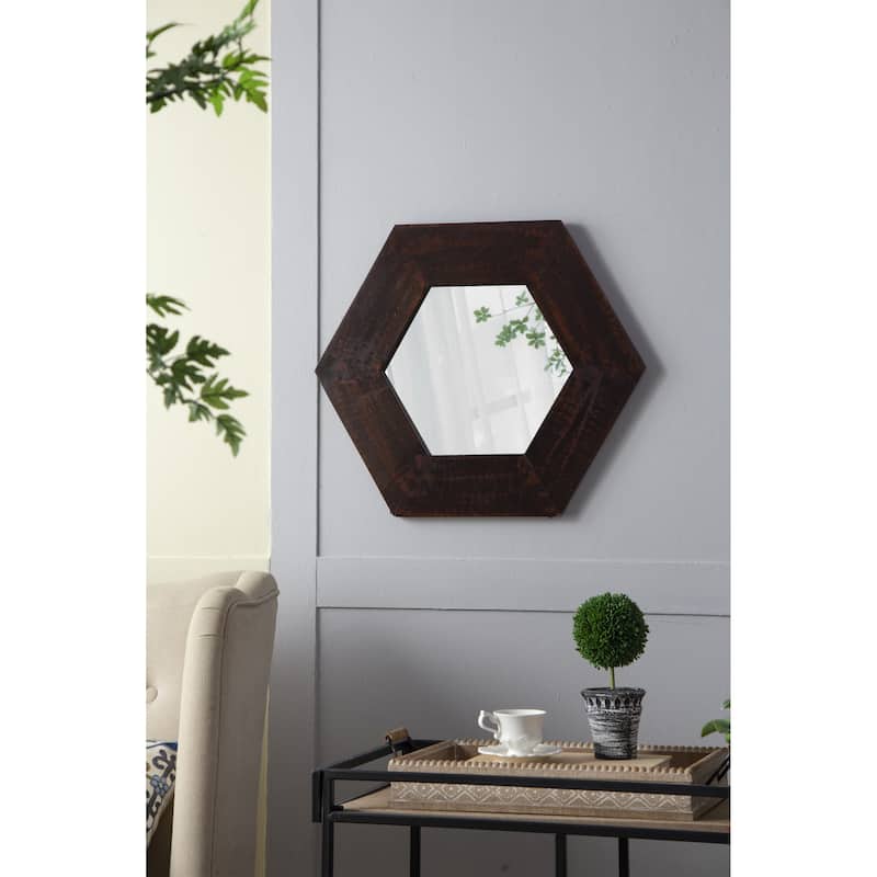 Hexagon Mirror with Natural Wood Frame - Brown