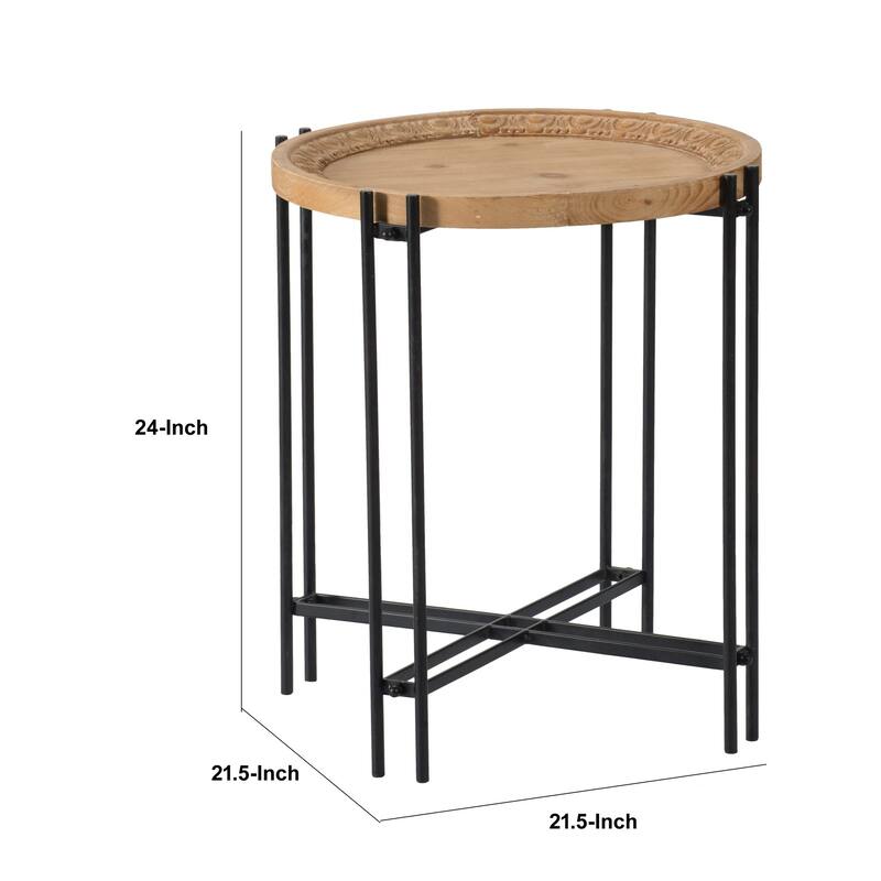24 Inch Side Table, Modern, Round Tabletop, Carved Wood, Iron Frame, Brown