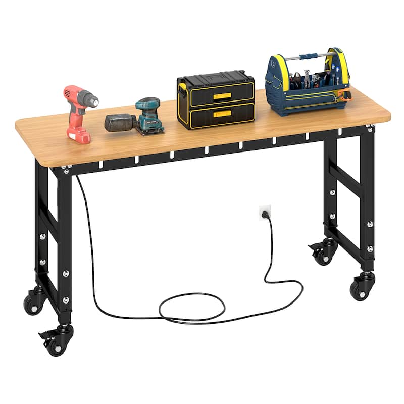 48"/60'' Work Bench for Garage with Pegboard & Power Outlets, 1600 LBS Load Capacity Ideal for Workshop - Brown wood