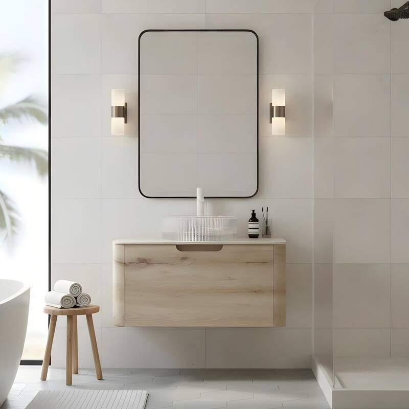 Wall-mounted Bathroom Vanity with Round Vessel Basin - 30 - White Oak+Transparent