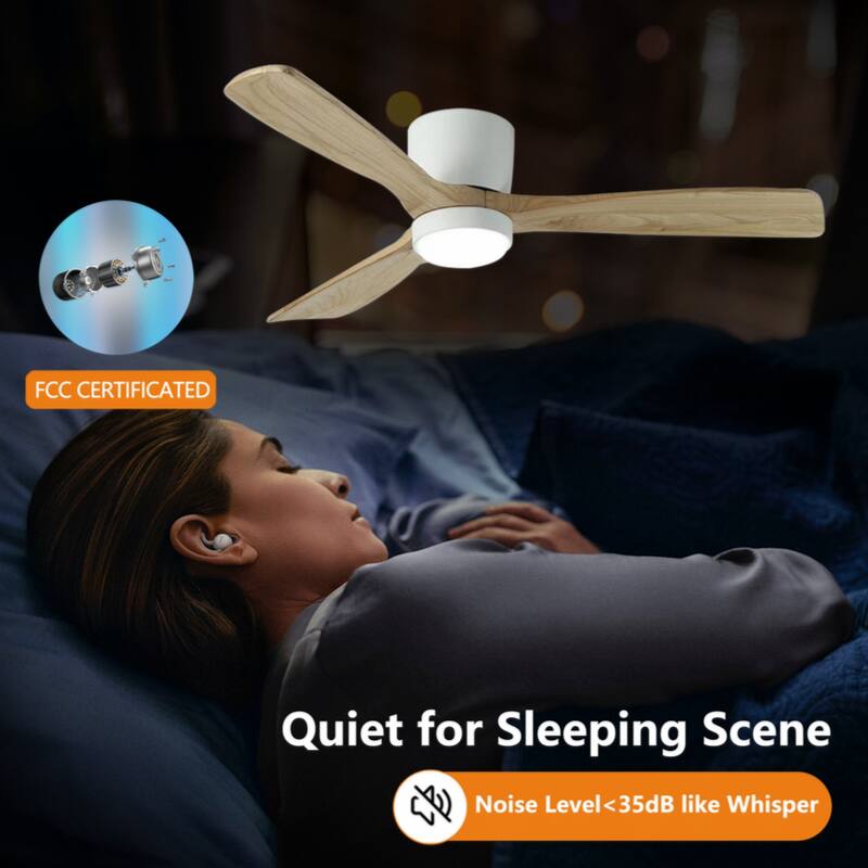 42 inch White Wood Ceiling Fans with Lights and Remote, Modern Flush Mount Low Profile Ceiling Fan with Light, 6 Speed