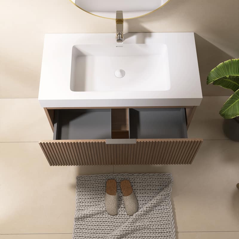 Freestanding Bathroom Vanity in Brown Oak with White Integrated Solid Surface Sink