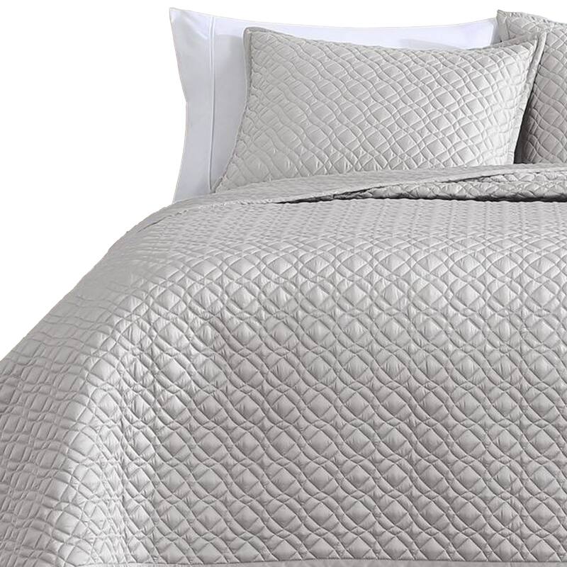 Keo 3pc King Coverlet Set, Reversible, Shams, Silver Silky Fabric
