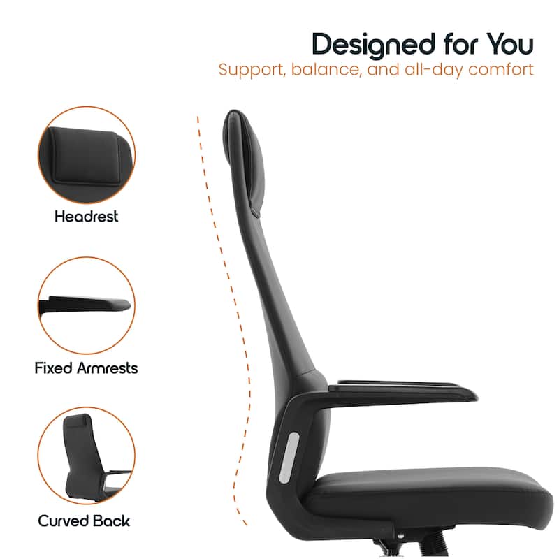 Nexa Ergonomic Leather/Polyester High-Back Office Chair with Padded Headrest, Adjustable Height, Swivel, and Smooth Casters
