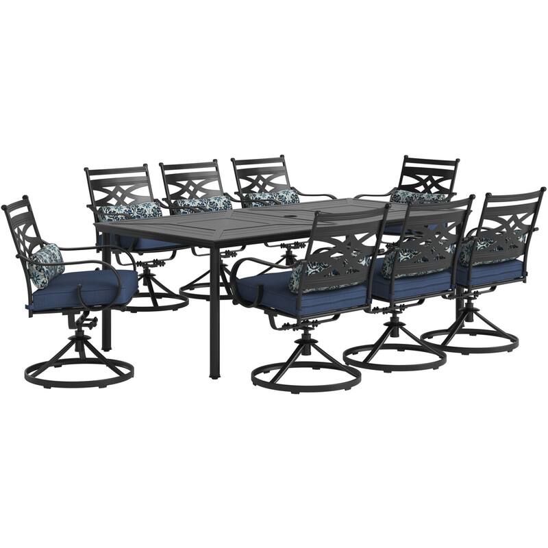 Hanover Montclair 9-Piece Dining Set in Navy Blue with 8 Swivel Rockers and a 42-In. x 84-In. Table