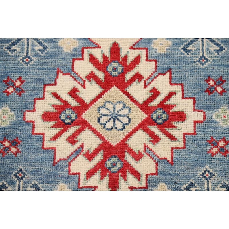 Light Blue Kazak Foyer Rug Hand-Knotted Geometric Wool Carpet - 2'9" x 4'1"