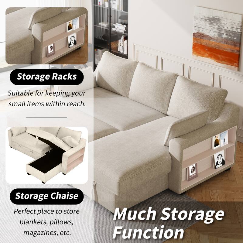 90" Convertible Sleeper Sofa with Storage Chaise, USB Ports, Storage Racks for Compact Spaces