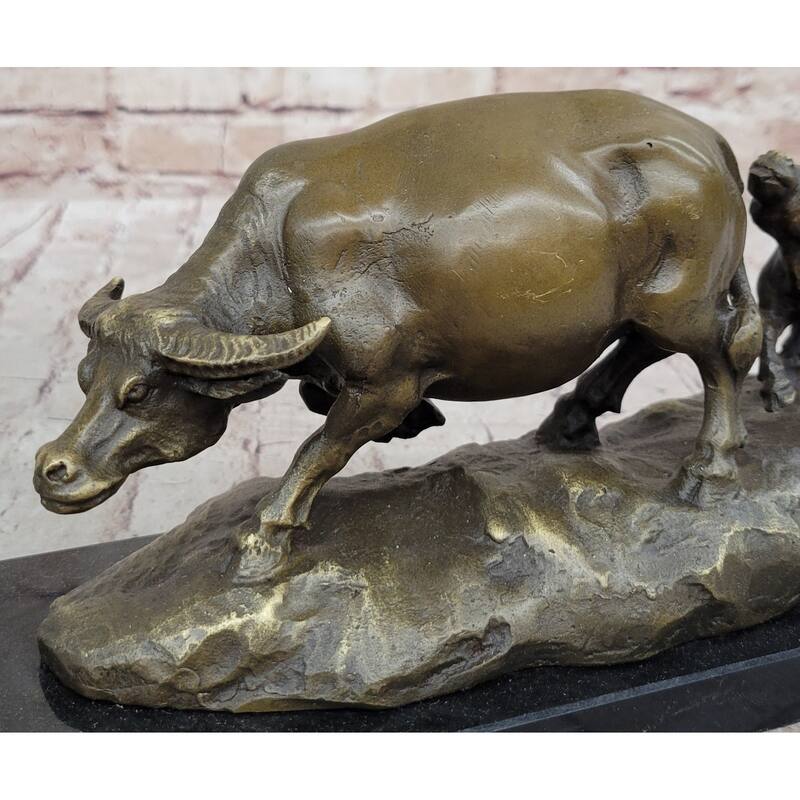 Mother Buffalo Calf Bronze Sculpture – Timeless Pastoral Artwork On Marble Base