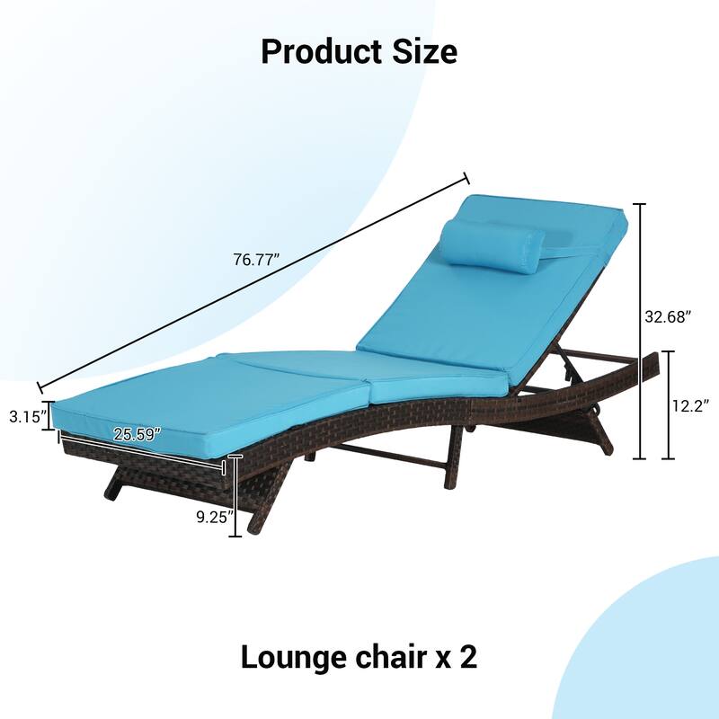 2 Pcs Outdoor Wicker Lounge Recliner Chair Set of 2, Rust-Resistant Patio Sunbathing Chairs with 5 Adjustable Positions