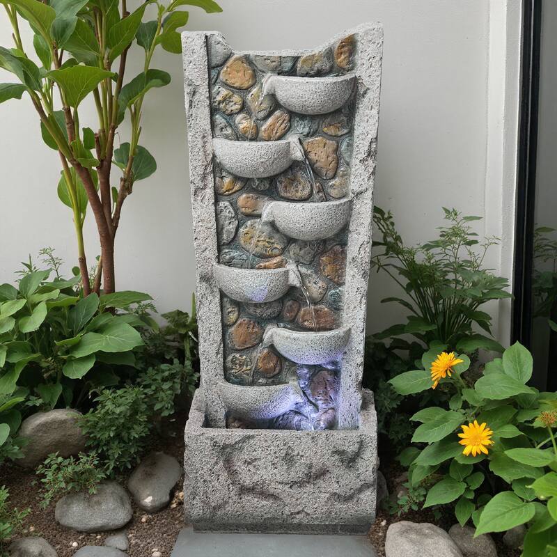 6-Tier Marble Style Outdoor Fountain with LED Lights