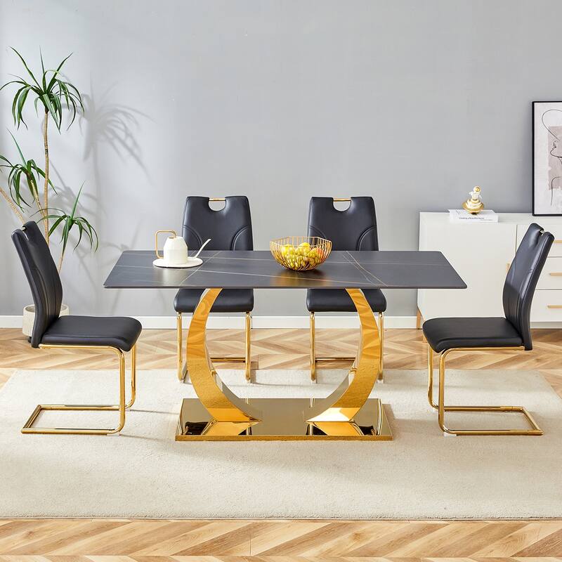 Black Texture Dining Table Set with O-Shaped Legs, PU Leather Chair with C-shaped Bases, Scratch-Resistsnt, Anti Slip Feet - Black+Gold