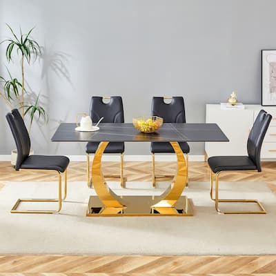 Black Texture Dining Table Set with O-Shaped Legs, PU Leather Chair with C-shaped Bases, Scratch-Resistsnt, Anti Slip Feet