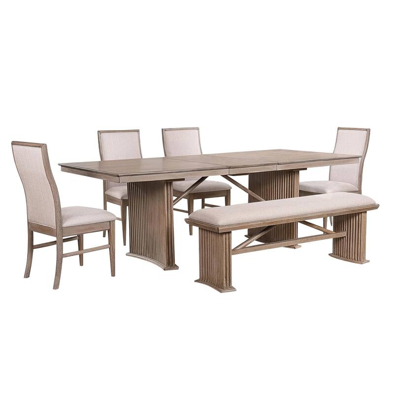 Wooden Dining Set with Bench in Natural Ash - 6-Piece