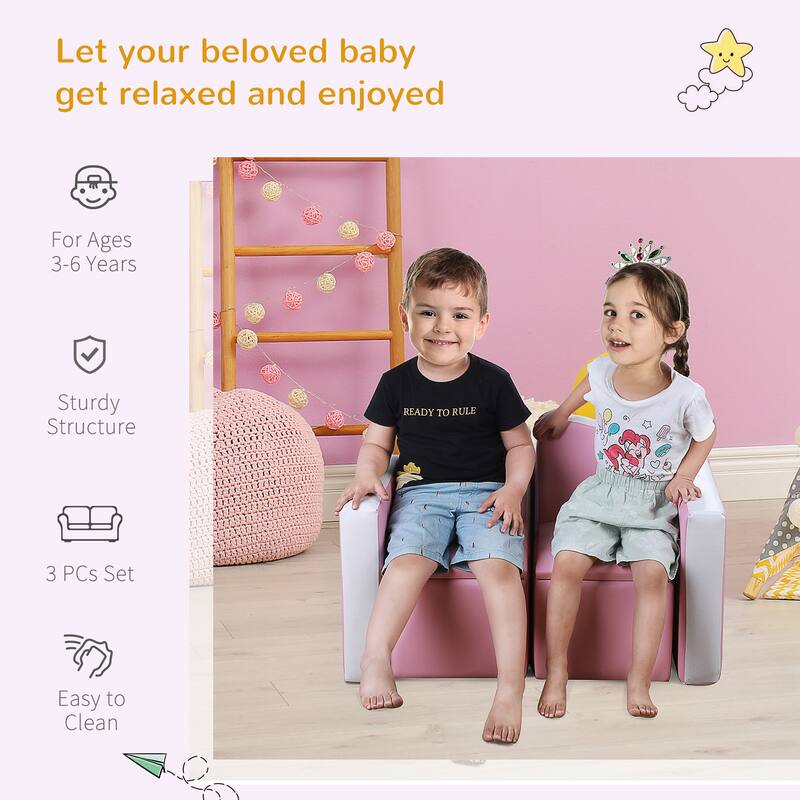 Qaba Kids Sofa 2-in-1 Multi-Functional Table Chair Set 2 Seat Couch Storage Box Soft Sturdy