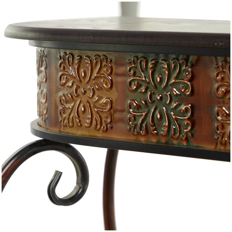Brown Metal Embossed 1 Shelf Floral Console Table with Ornate Scroll Legs