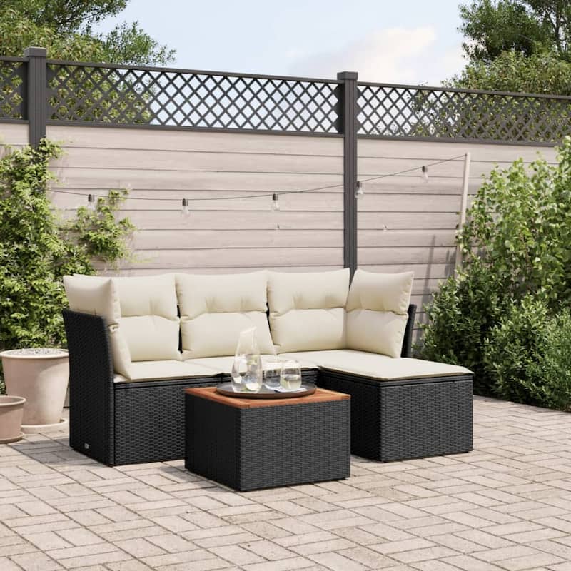 vidaXL Patio Sofa Set with Cushions Outdoor Furniture 5 Piece Poly Rattan - 21.7 x 21.7 x 14.6 - Black and cream
