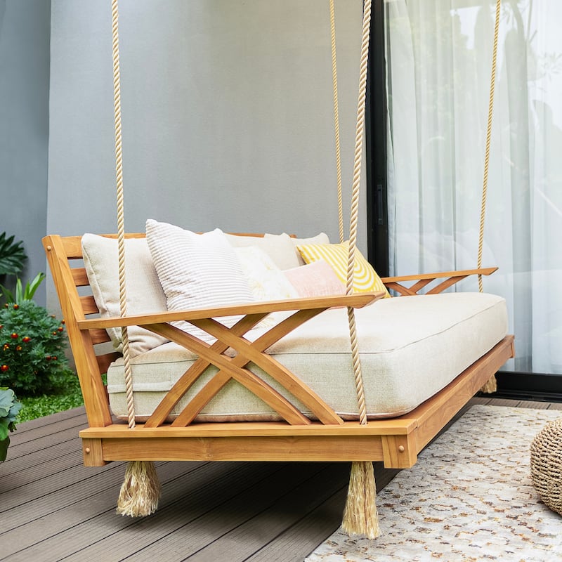 Cambridge Casual Carmel Teak Outdoor Porch Swing Daybed with Cushion