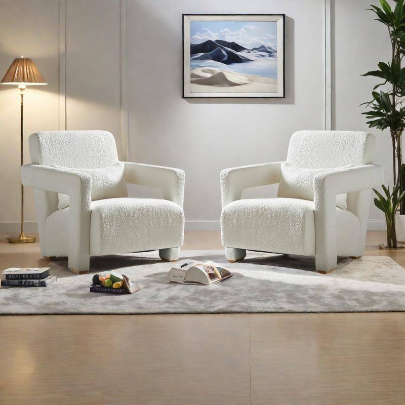 Boucle Fabric Accent Chair Set of 2 with Right-Angle Armrests, Ergonomic Lumbar Support, and Square Wooden Legs - Beige
