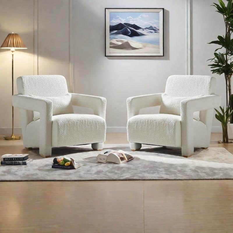 Boucle Fabric Accent Chair Set of 2 with Right-Angle Armrests, Ergonomic Lumbar Support, and Square Wooden Legs