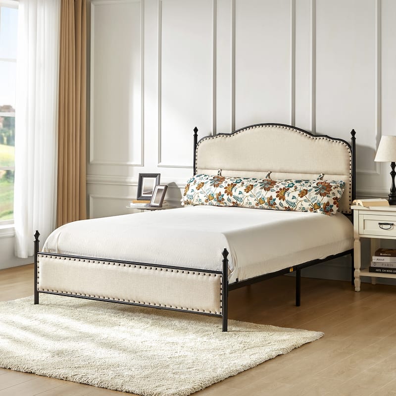 Eulalia Transitional Upholstered Platform Metal Bed Frame Four Poster Bed with High Headboard&Pillow