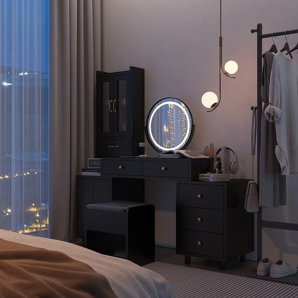 Makeup Vanity Table Set with Side Cabinet,Nightstand and LED Mirror - Bed  Bath & Beyond - 40519136