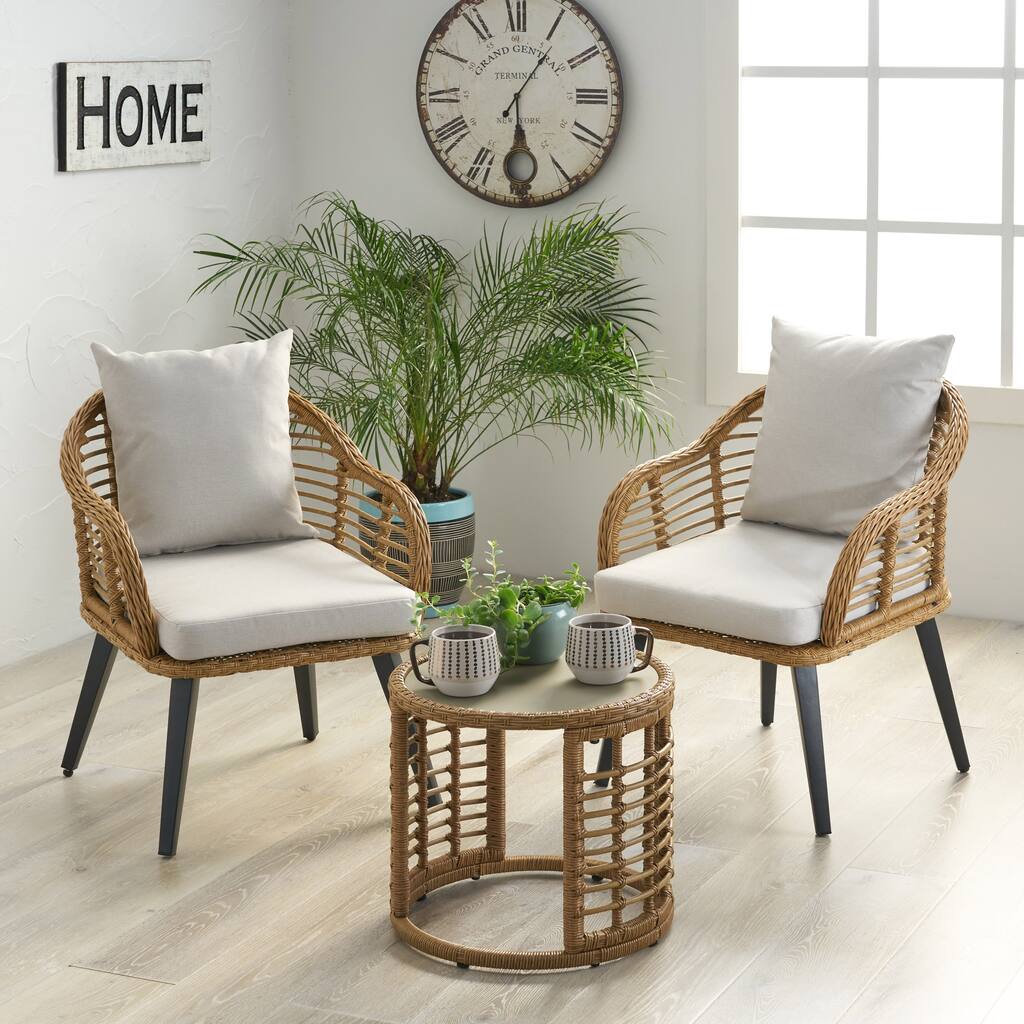 Chadbourne Indoor Modern Boho Wicker Chat Set with Side Table by Christopher Knight Home